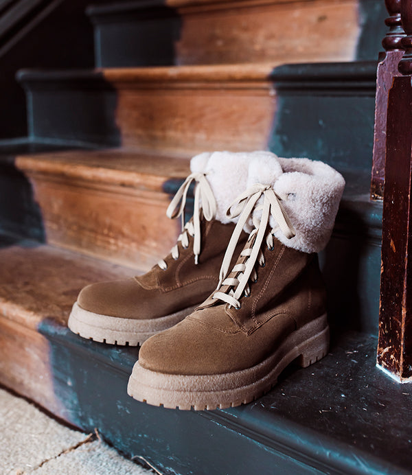 VICTOR Shearling Collar Lace Up Boot in Walnut Suede Edward Meller