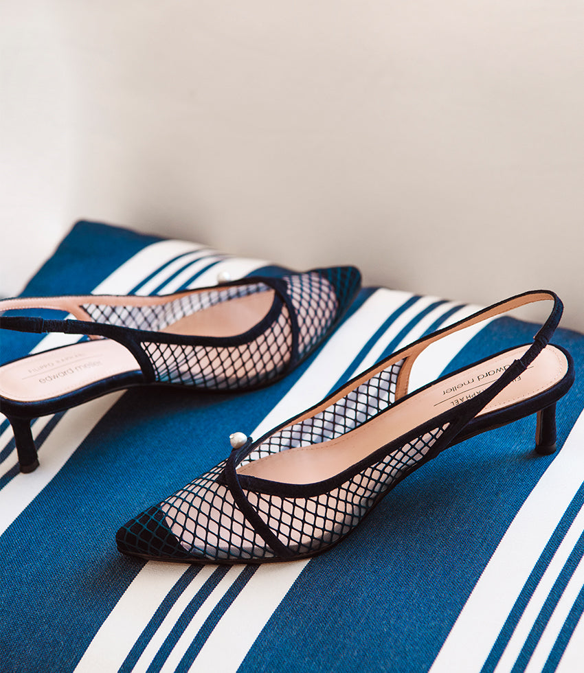 DAWN55 Mesh Slingback with Strap in Navy Suede - Edward Meller