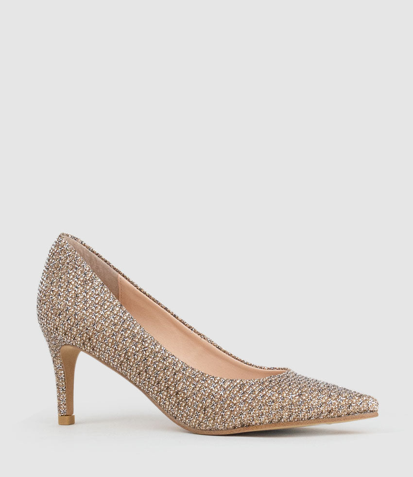 ADRIA 75mm Pointed Toe Pump in Copper Metallic Fabric - Edward Meller