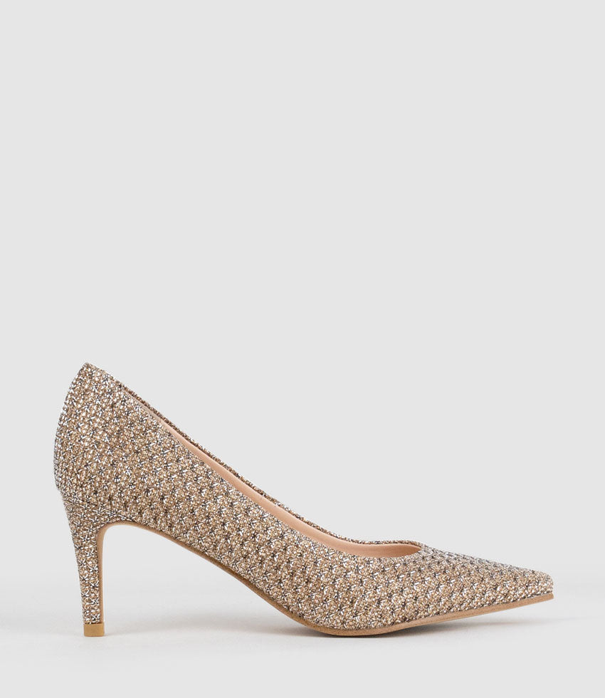 ADRIA 75mm Pointed Toe Pump in Copper Metallic Fabric - Edward Meller