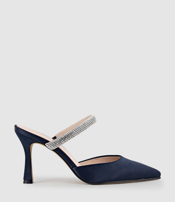 ALEXA85 Closed Toe Slide with Diamante Band in Navy Satin - Edward Meller