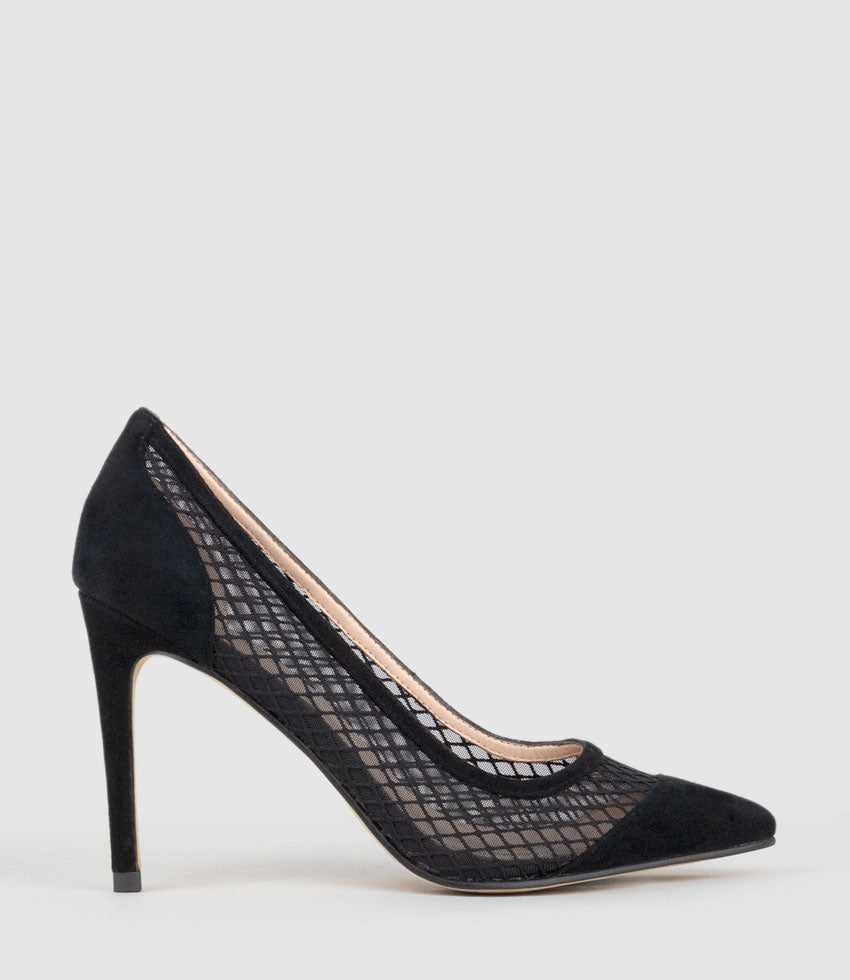 AMALIA100 Pointed Mesh Pump in Black Suede