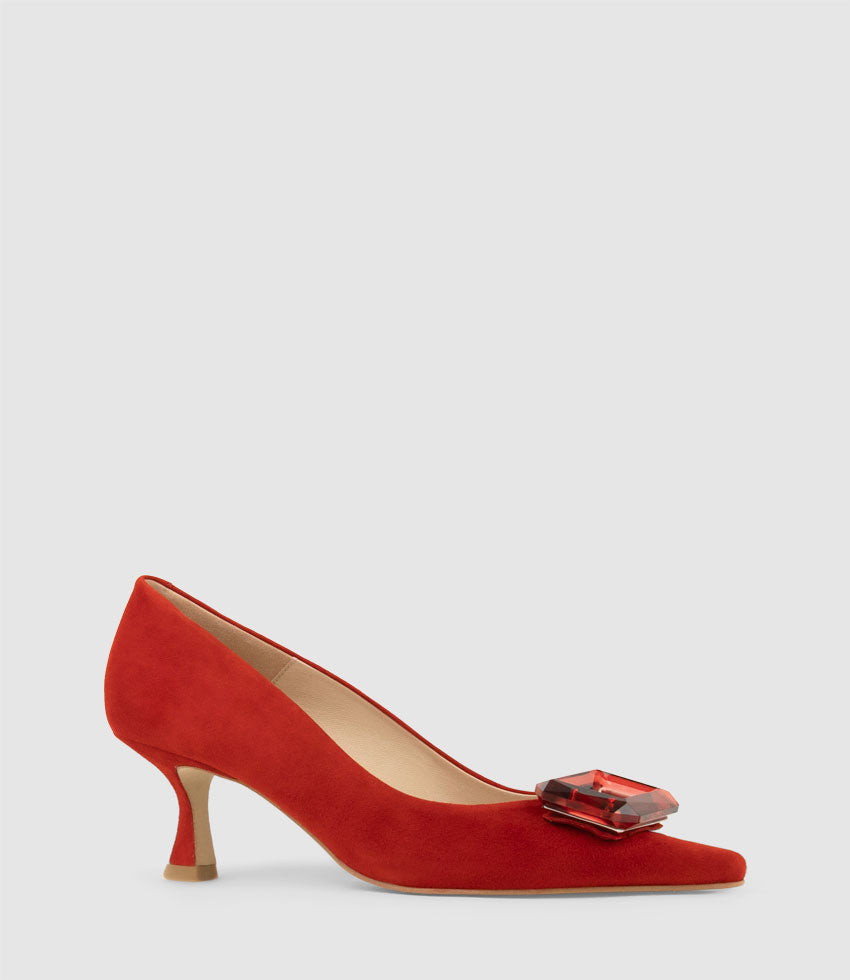 ARTIFICE60 Pump with Crystal Ornament in Red Suede - Edward Meller