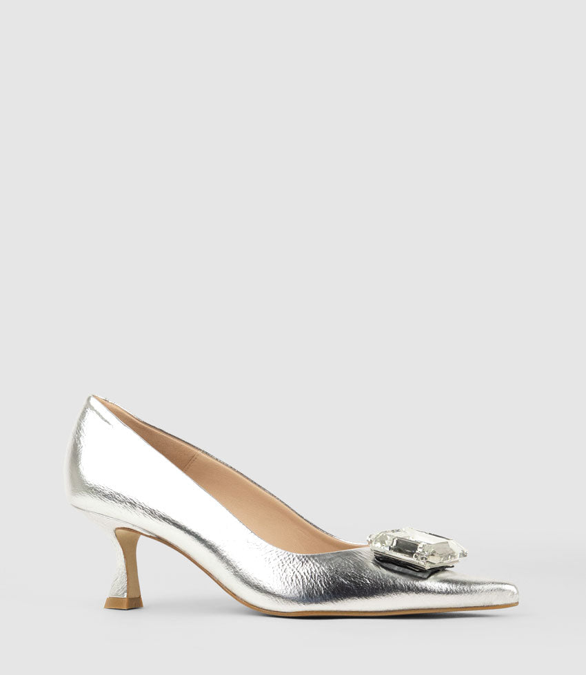 ARTIFICE60 Pump with Crystal Ornament in Silver Crinkle Patent - Edward Meller