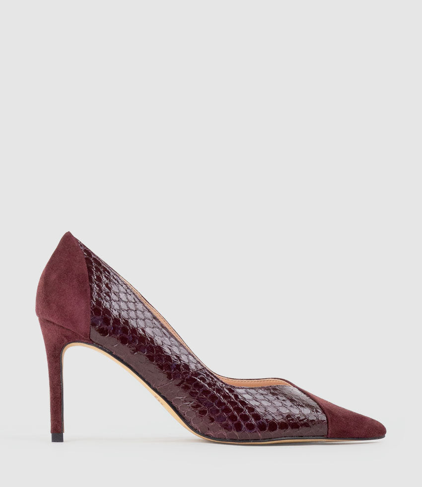 ATIYA85 Mixed Material Pump in Black Cherry Suede - Edward Meller