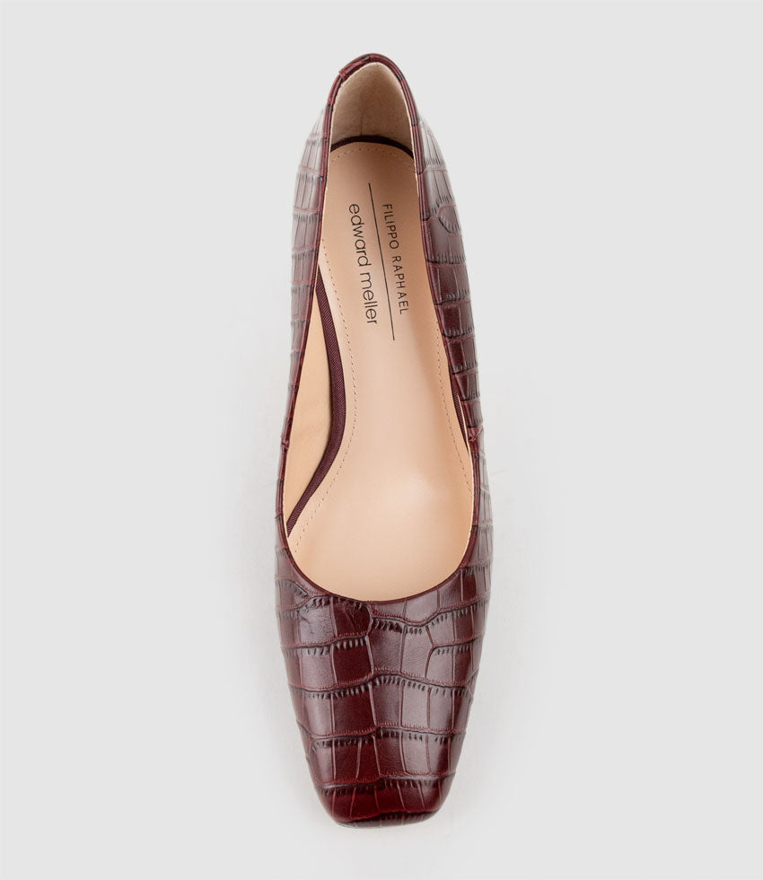 BROOKLYN85 Square Toe Pump in Bordeaux Croc - Edward Meller