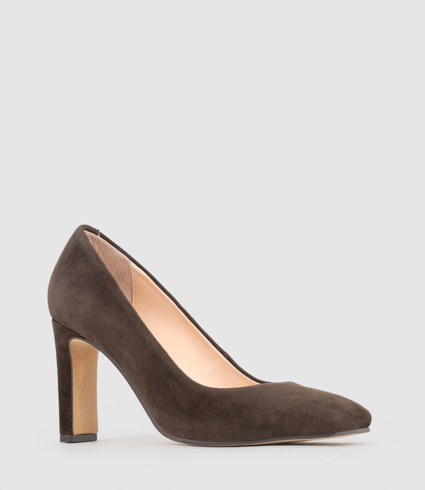 BROOKLYN85 Square Toe Pump in Chocolate Suede - Edward Meller