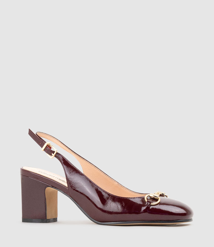 CAMILLE65 Slingback Pump with Trim in Black Cherry Crinkle Patent - Edward Meller