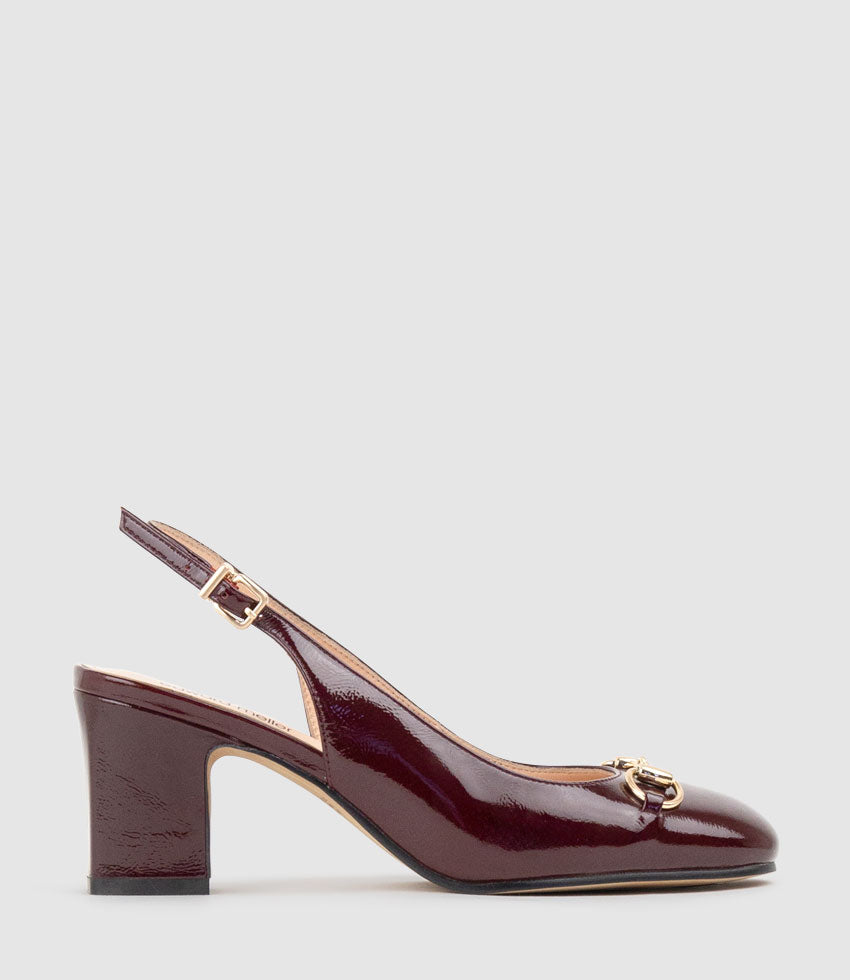 CAMILLE65 Slingback Pump with Trim in Black Cherry Crinkle Patent - Edward Meller