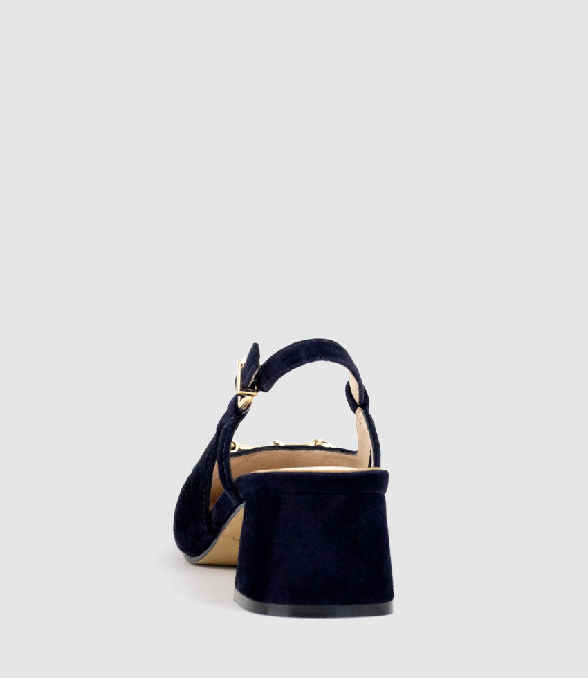 CLEMENTINE45 Closed Toe Sling with Hardware in Navy Suede - Edward Meller