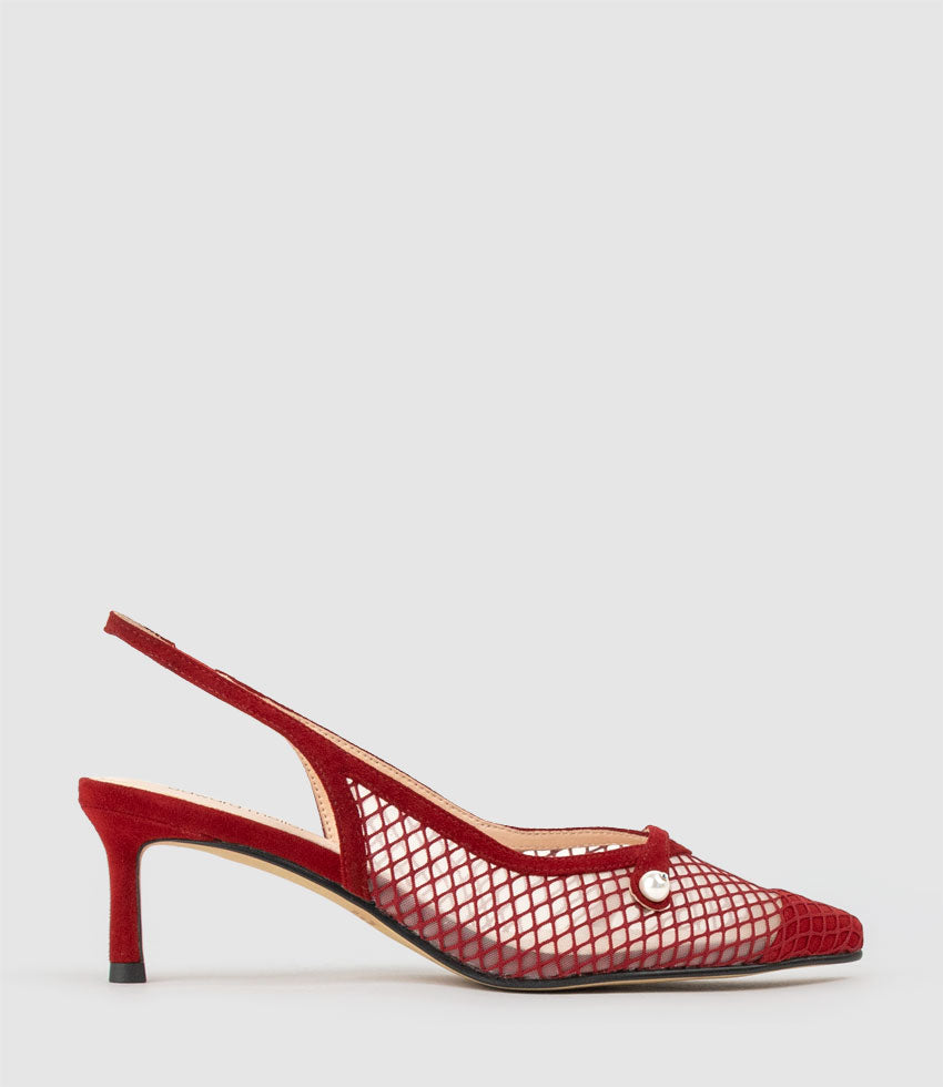 DAWN55 Mesh Slingback with Strap in Cherry Suede - Edward Meller