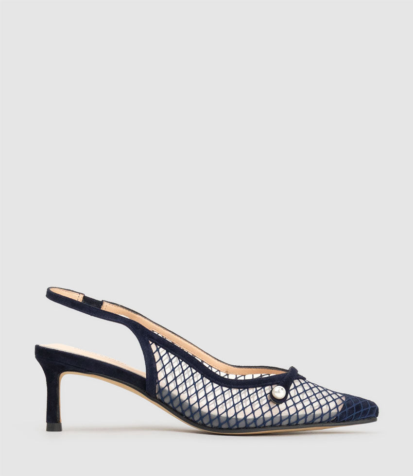 DAWN55 Mesh Slingback with Strap in Navy Suede - Edward Meller