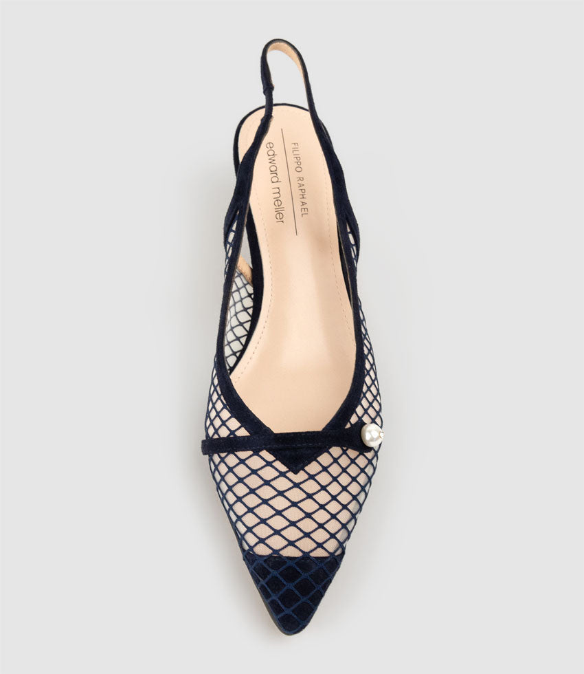 DAWN55 Mesh Slingback with Strap in Navy Suede - Edward Meller