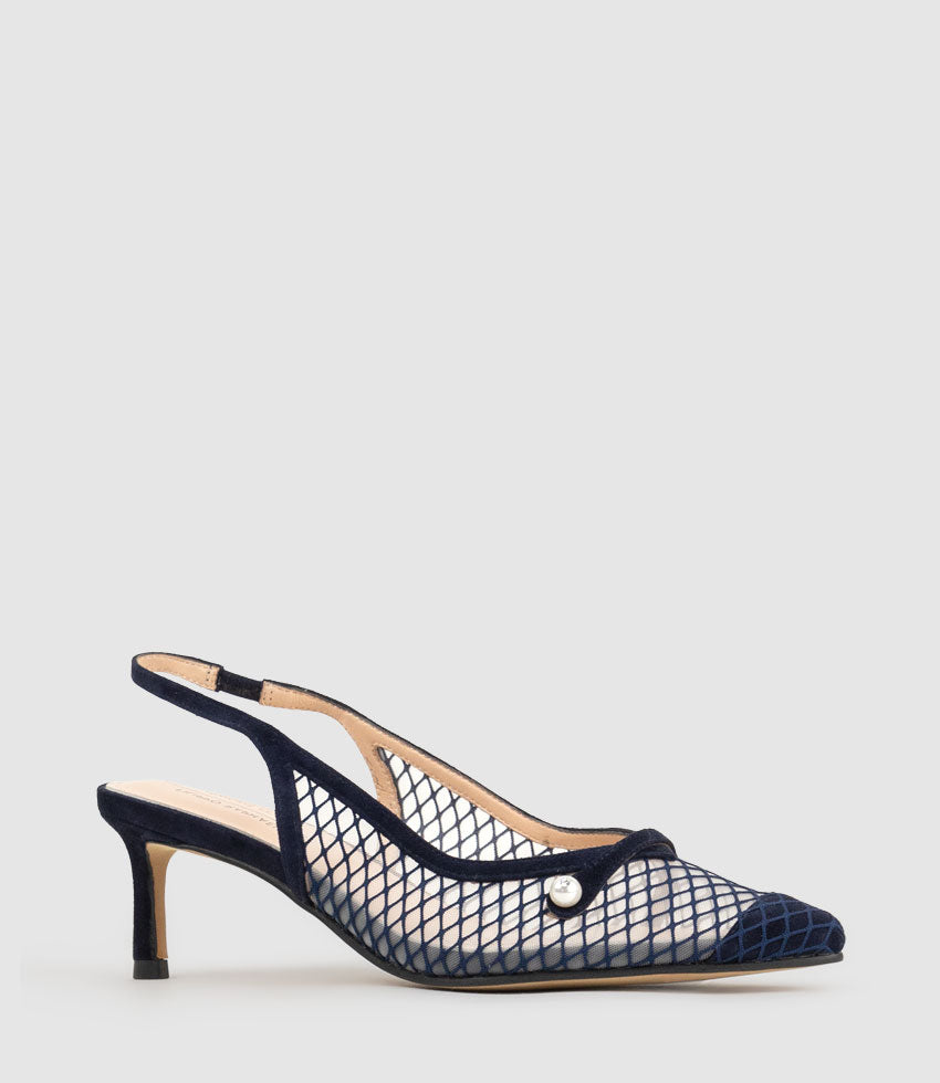 DAWN55 Mesh Slingback with Strap in Navy Suede - Edward Meller