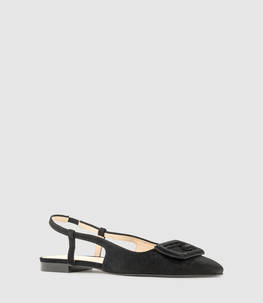 DESLING Flat Slingback with Ornament in Black Suede - Edward Meller