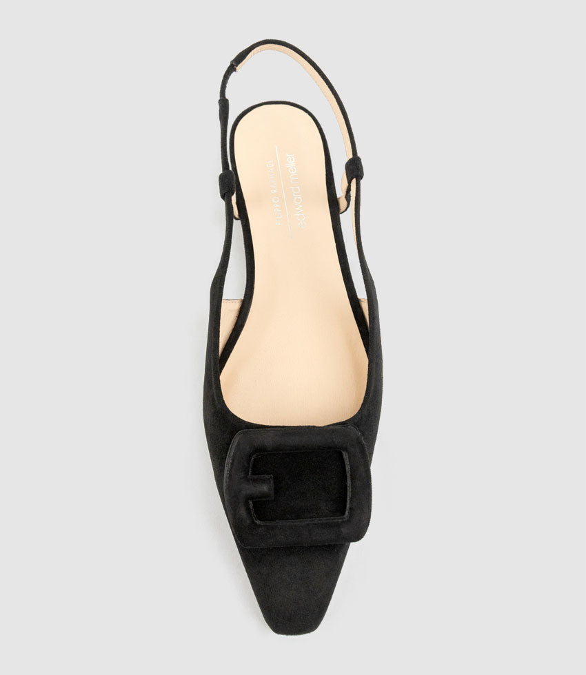 DESLING Flat Slingback with Ornament in Black Suede - Edward Meller