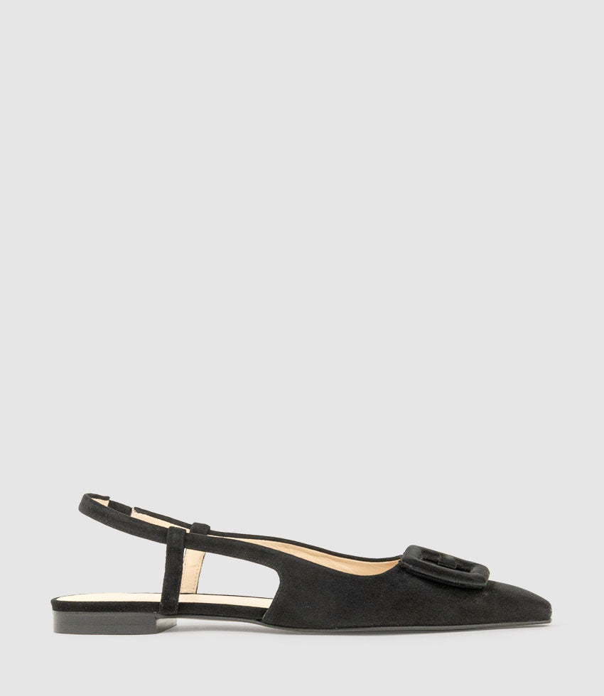 DESLING Flat Slingback with Ornament in Black Suede - Edward Meller