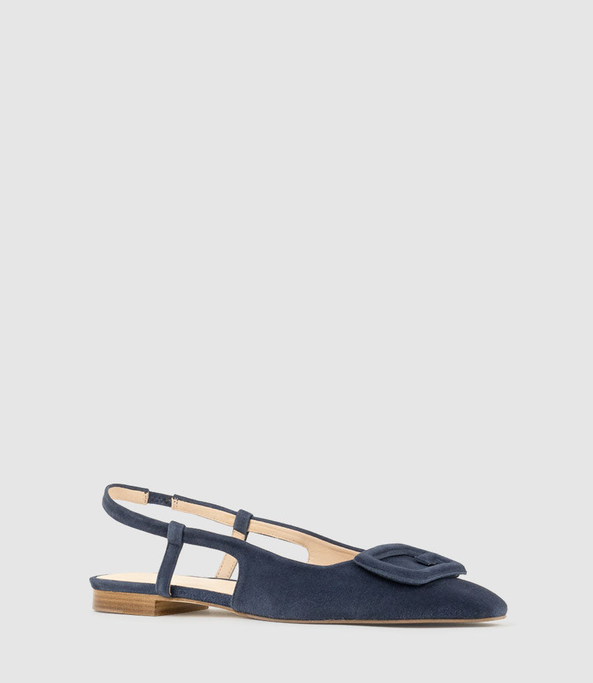 DESLING Flat Slingback with Ornament in Navy Suede - Edward Meller