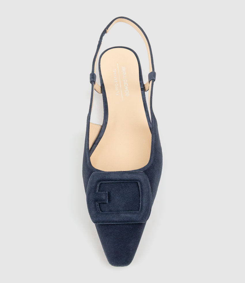 DESLING Flat Slingback with Ornament in Navy Suede - Edward Meller