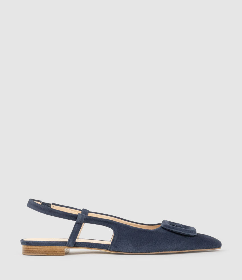 DESLING Flat Slingback with Ornament in Navy Suede - Edward Meller