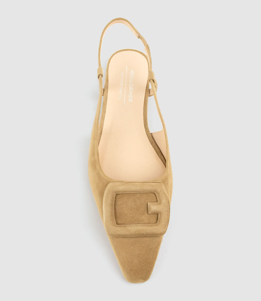 DESLING Flat Slingback with Ornament in Tan Suede - Edward Meller