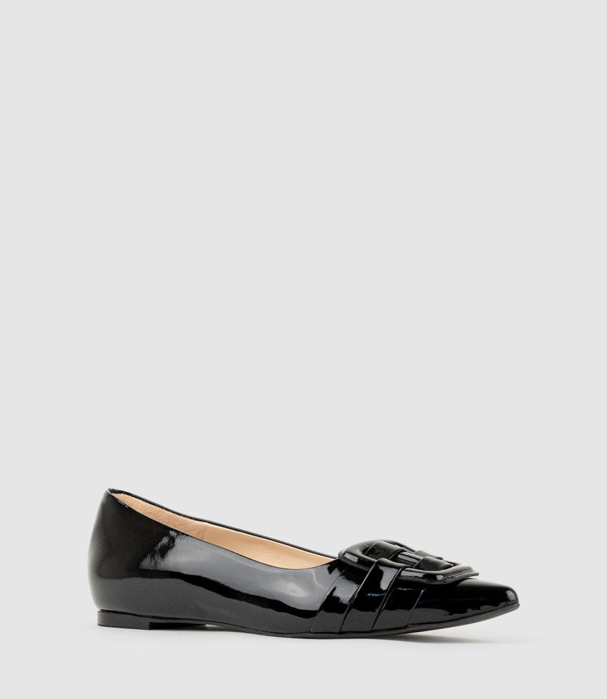 DESTRAFLAT Pointed Ballet with Buckle in Black Patent - Edward Meller