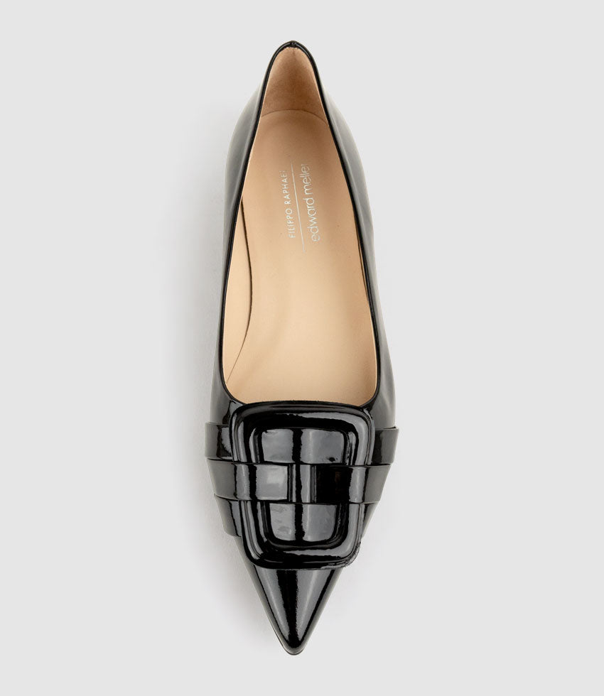 DESTRAFLAT Pointed Ballet with Buckle in Black Patent - Edward Meller