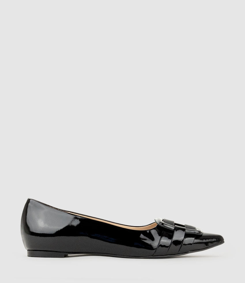 DESTRAFLAT Pointed Ballet with Buckle in Black Patent - Edward Meller