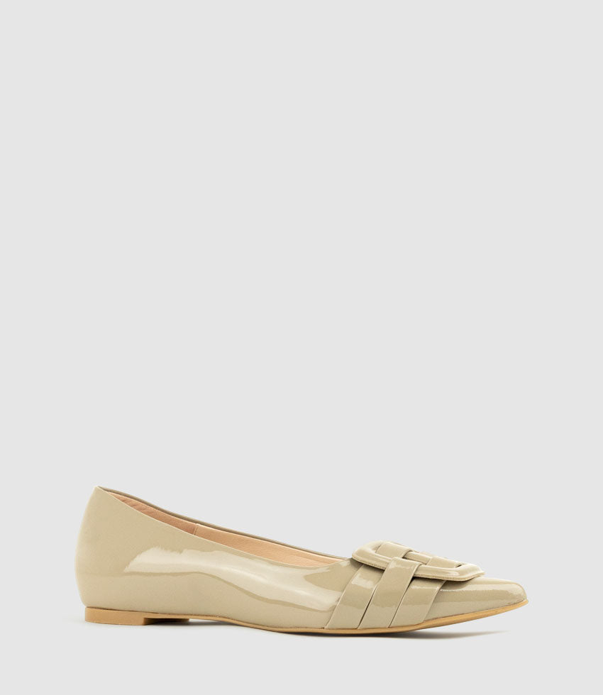 DESTRAFLAT Pointed Ballet with Buckle in Taupe Patent - Edward Meller