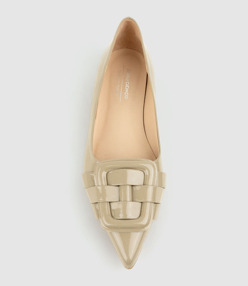 DESTRAFLAT Pointed Ballet with Buckle in Taupe Patent - Edward Meller