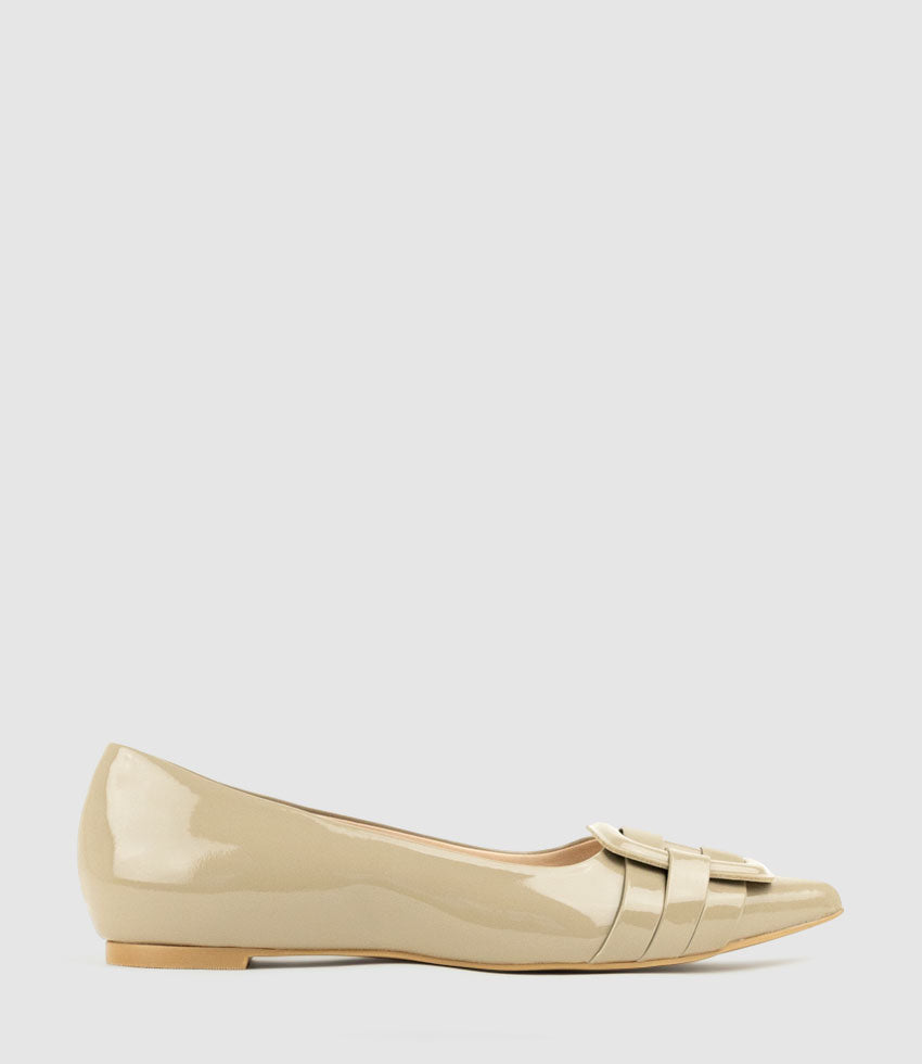 DESTRAFLAT Pointed Ballet with Buckle in Taupe Patent - Edward Meller