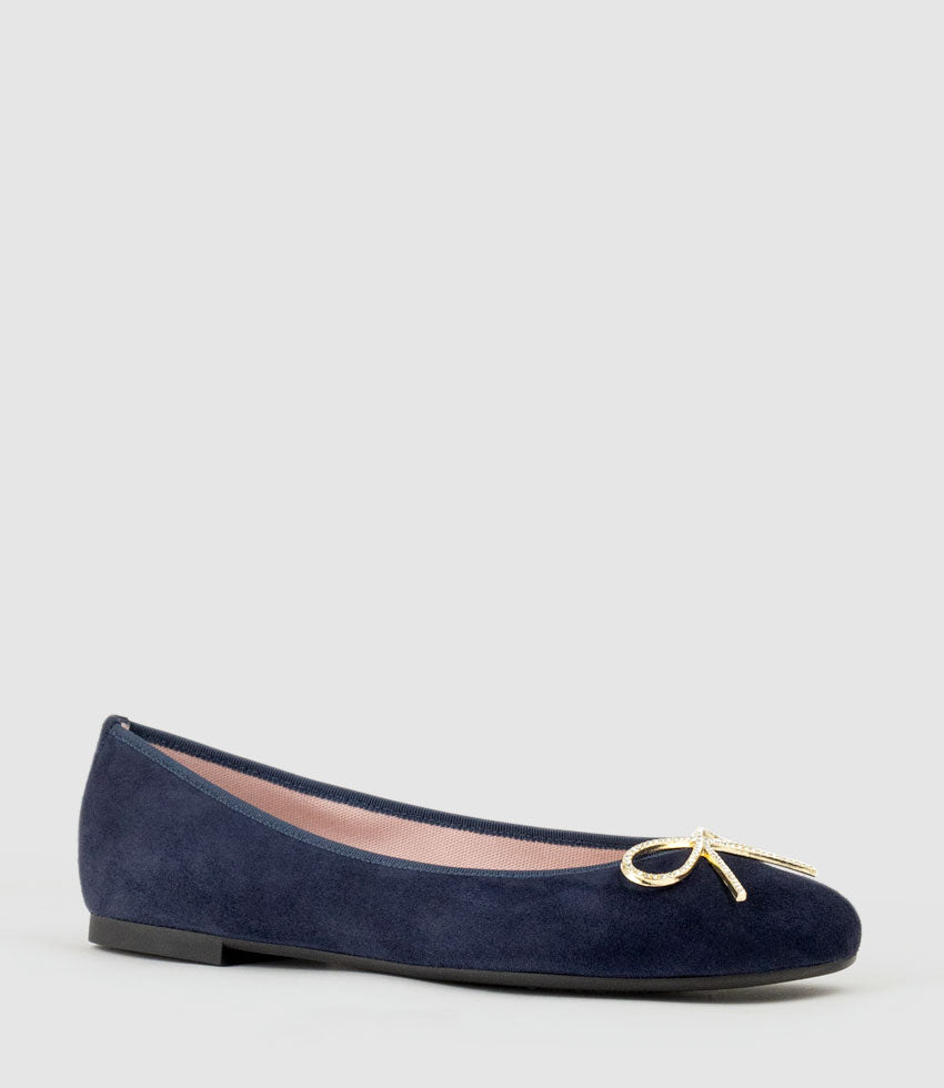 ELLEN Metal Bow Ballet in Navy Suede - Edward Meller