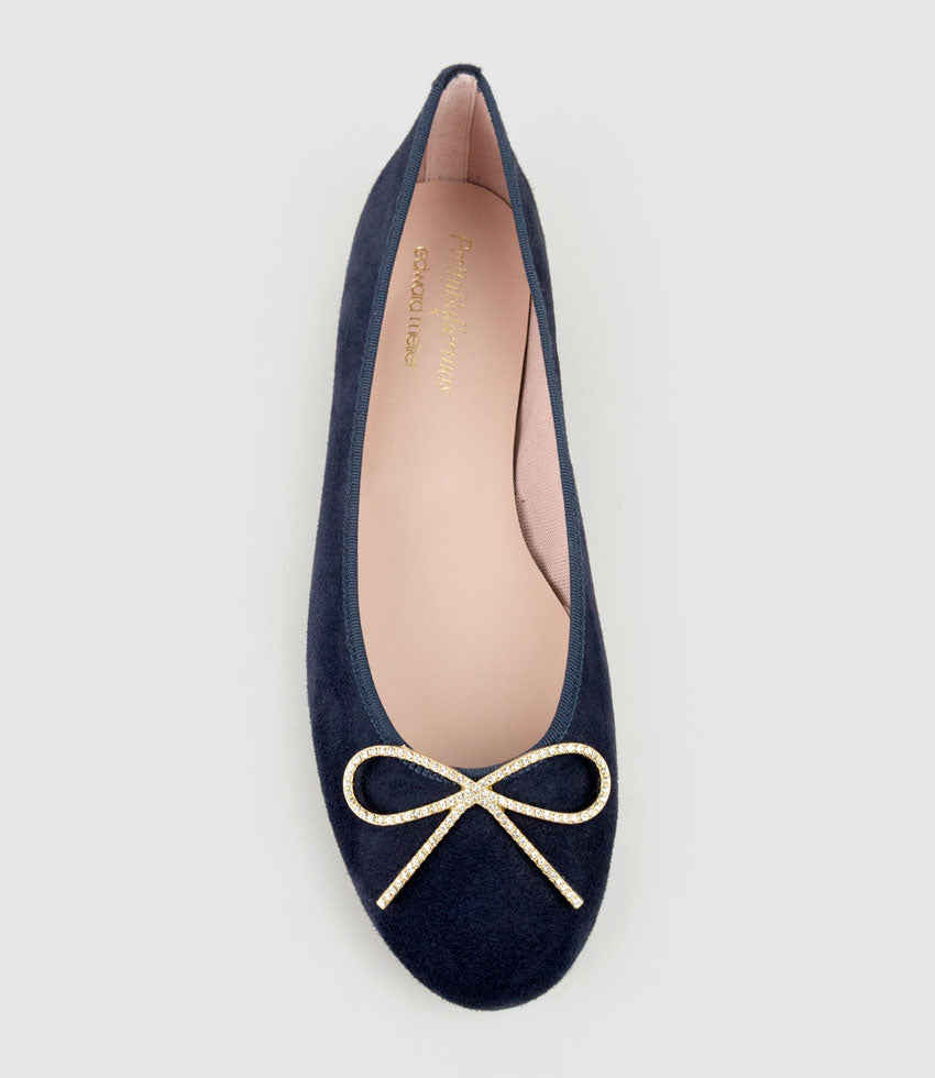 ELLEN Metal Bow Ballet in Navy Suede - Edward Meller