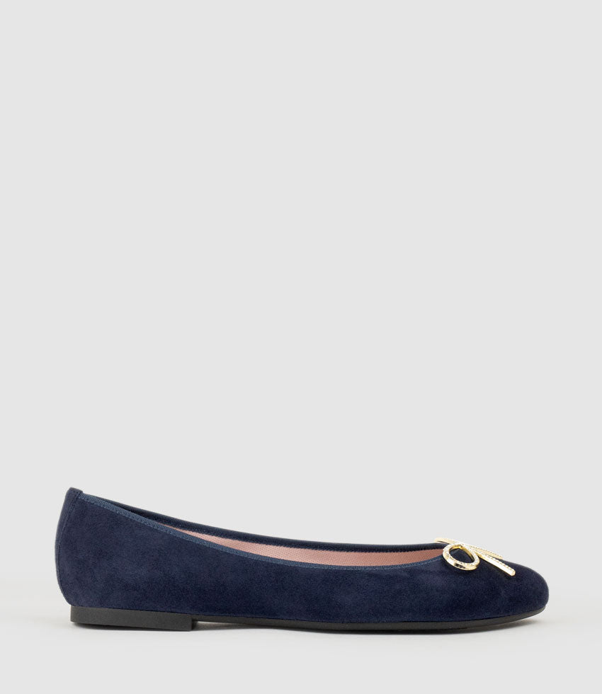 ELLEN Metal Bow Ballet in Navy Suede - Edward Meller