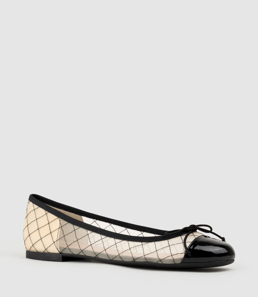 EMILY Cap Toe Mesh Ballet in Black Patent - Edward Meller