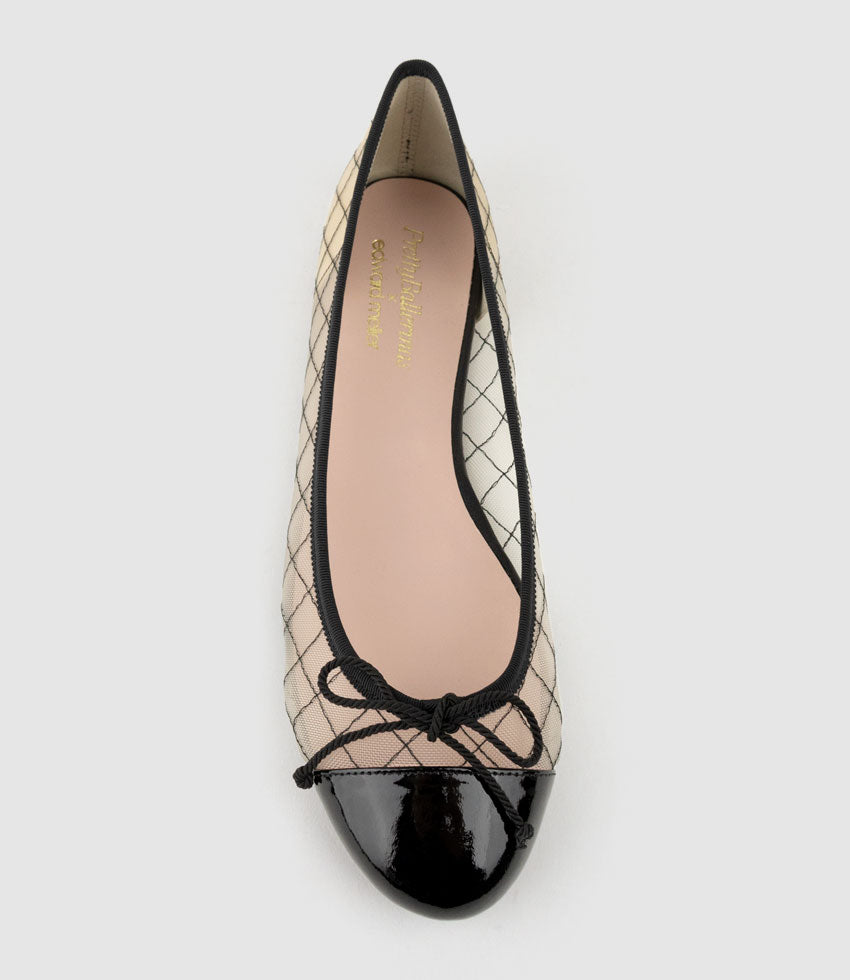 EMILY Cap Toe Mesh Ballet in Black Patent - Edward Meller