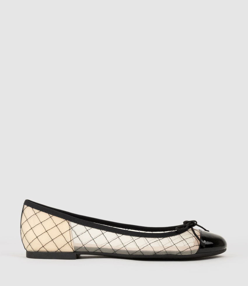 EMILY Cap Toe Mesh Ballet in Black Patent - Edward Meller