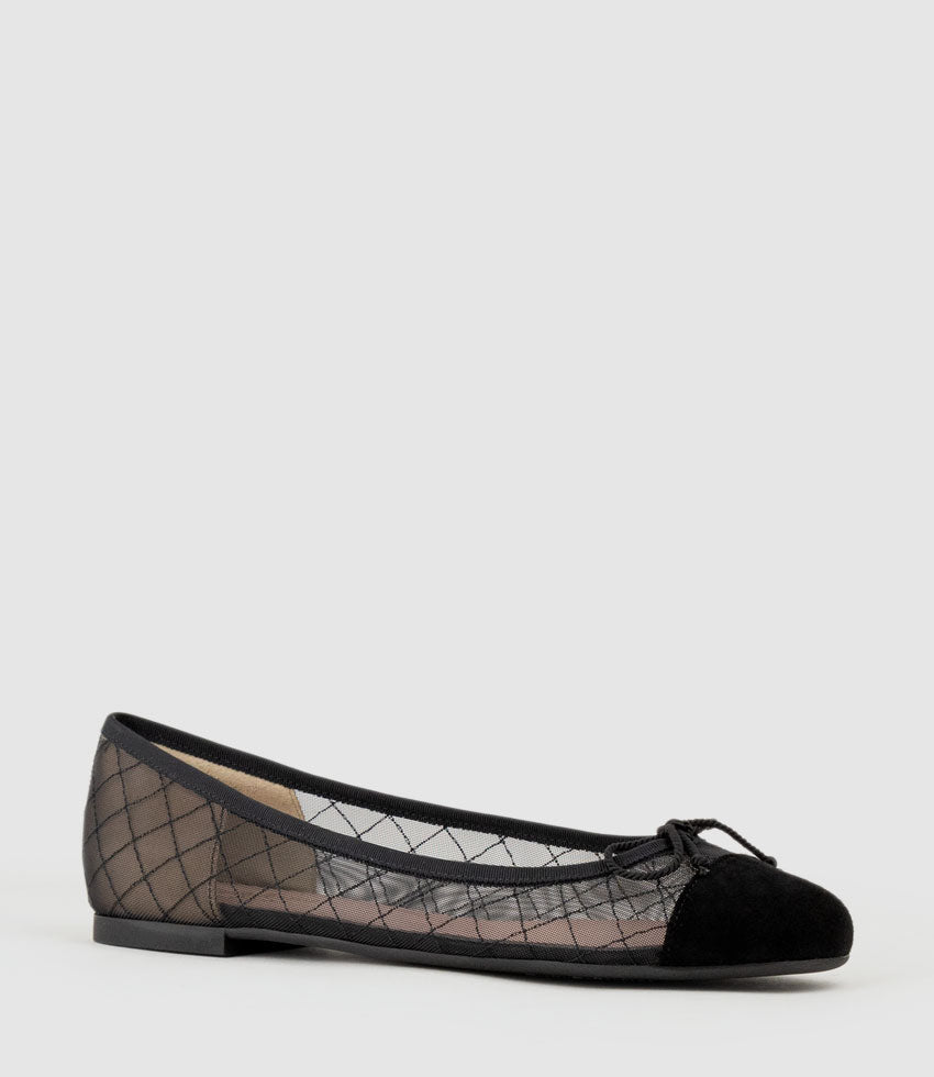 EMILY Cap Toe Mesh Ballet in Black Suede - Edward Meller