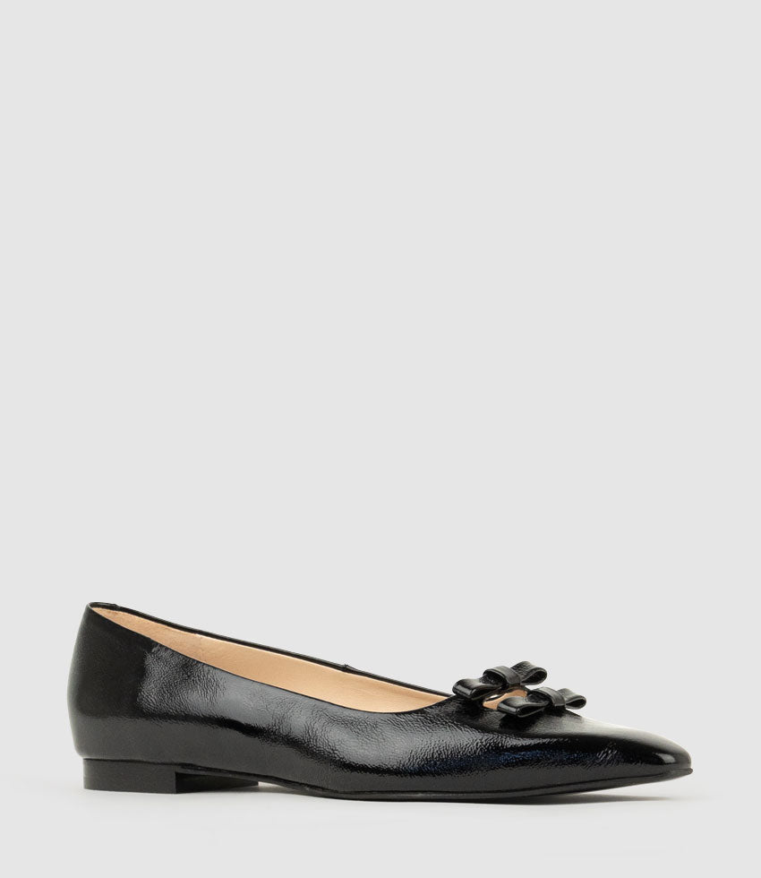 EVAINE Double Bow Flat Pump in Black Crinkle Patent - Edward Meller