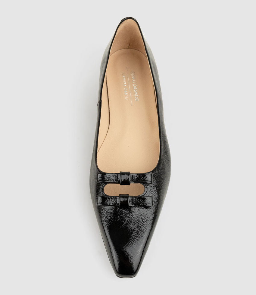 EVAINE Double Bow Flat Pump in Black Crinkle Patent - Edward Meller