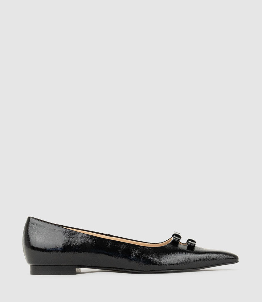 EVAINE Double Bow Flat Pump in Black Crinkle Patent - Edward Meller