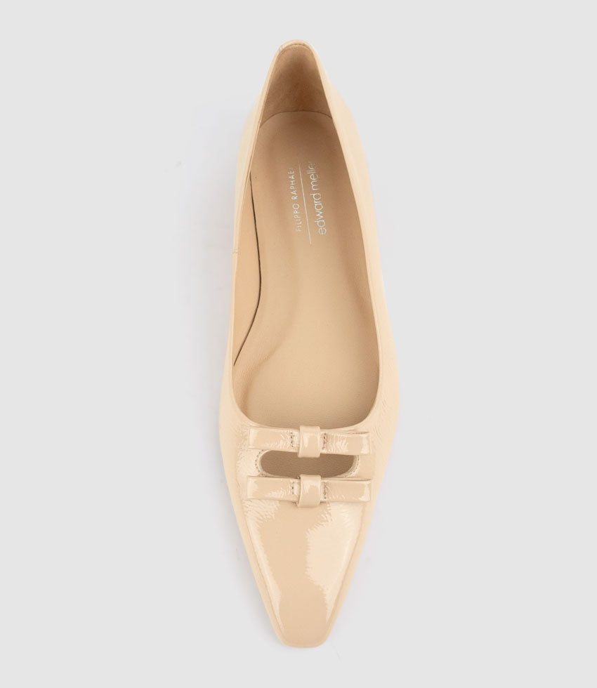 EVAINE Double Bow Flat Pump in Nude Crinkle Patent - Edward Meller