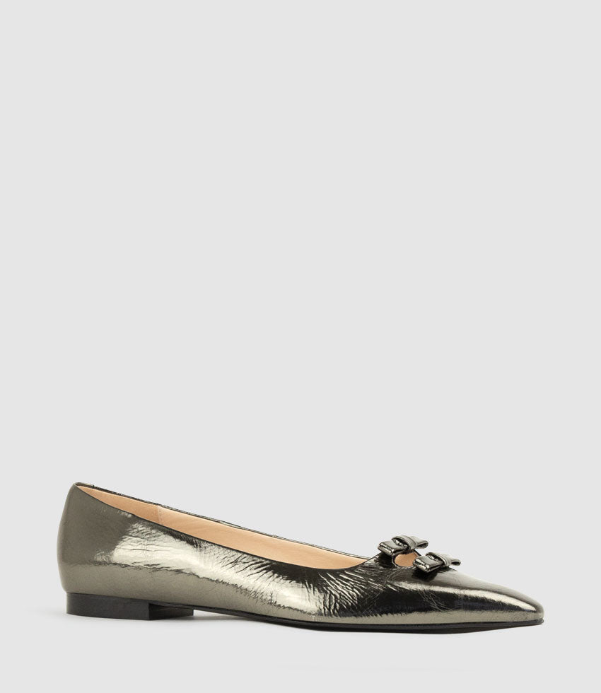 EVAINE Double Bow Flat Pump in Pewter Crinkle Patent - Edward Meller