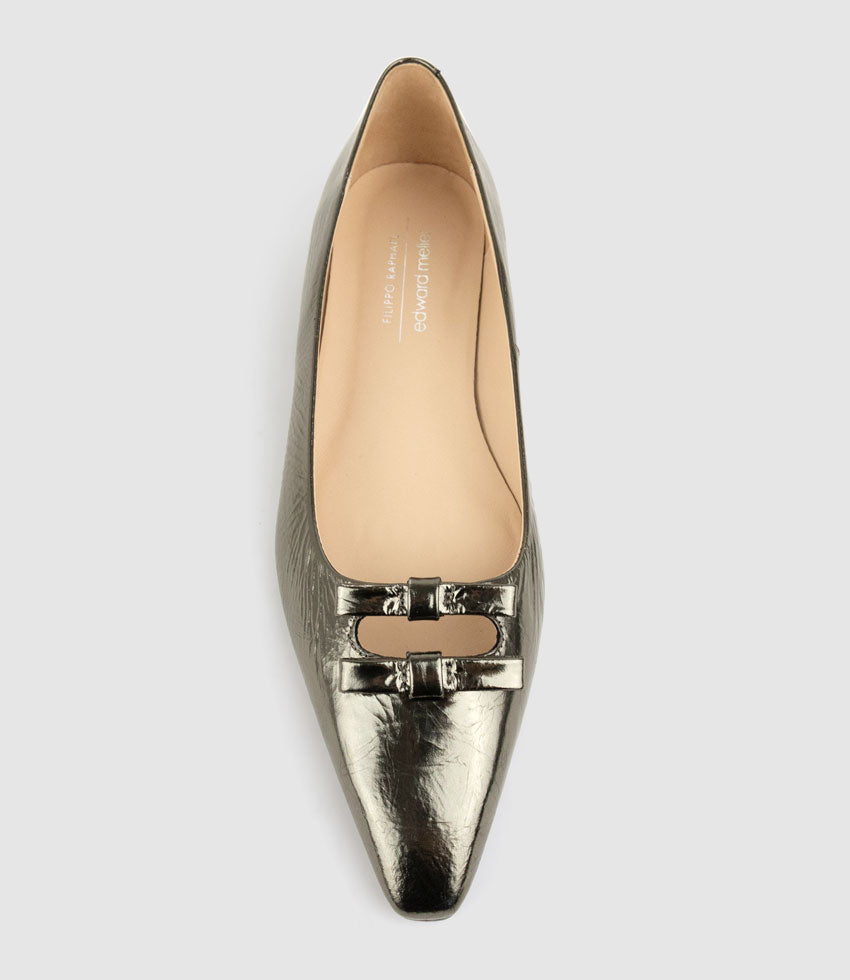 EVAINE Double Bow Flat Pump in Pewter Crinkle Patent - Edward Meller