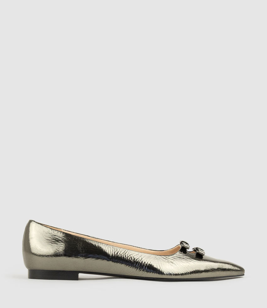 EVAINE Double Bow Flat Pump in Pewter Crinkle Patent - Edward Meller