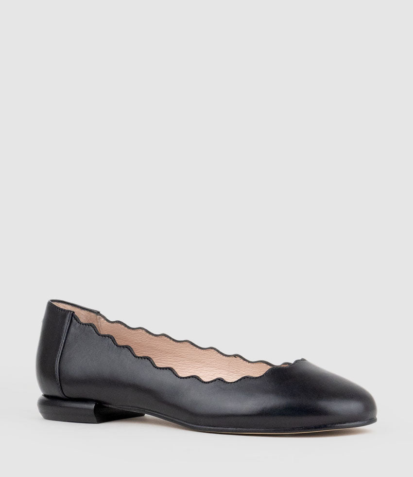 FARA Scalloped Ballet Flat in Black Calf - Edward Meller