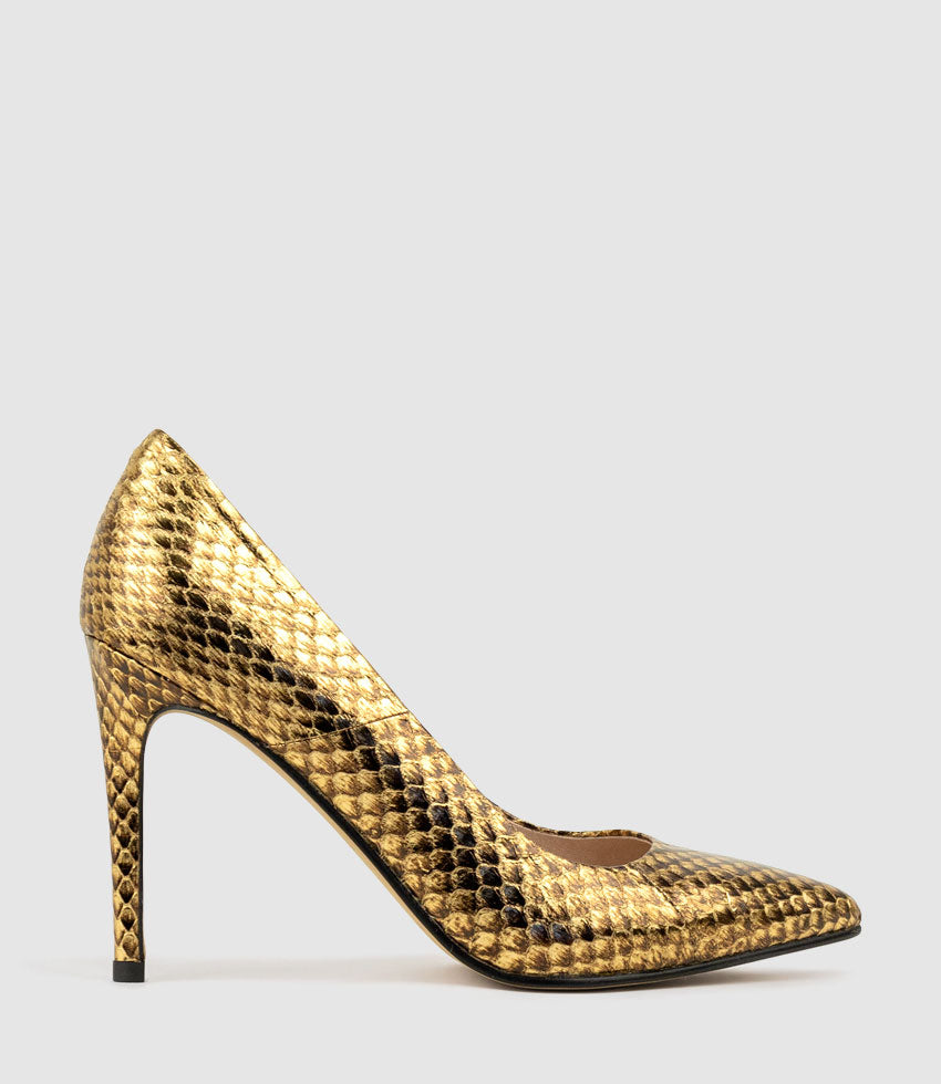 GAGA 100mm Pointed Toe Pump in Brass Snake - Edward Meller