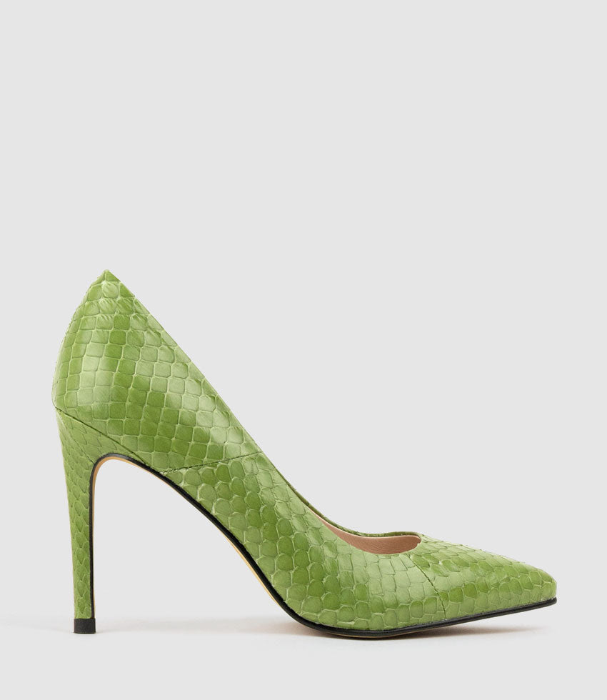 GAGA 100mm Pointed Toe Pump in Green Snake - Edward Meller