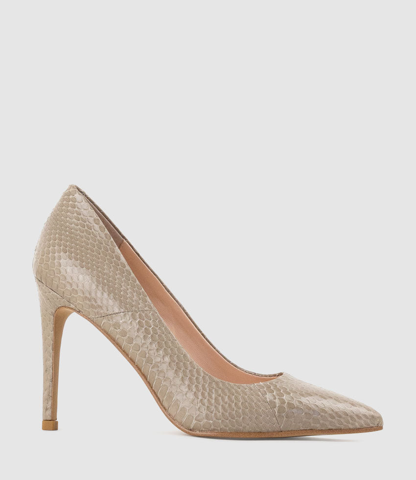 GAGA 100mm Pointed Toe Pump in Taupe Snake - Edward Meller