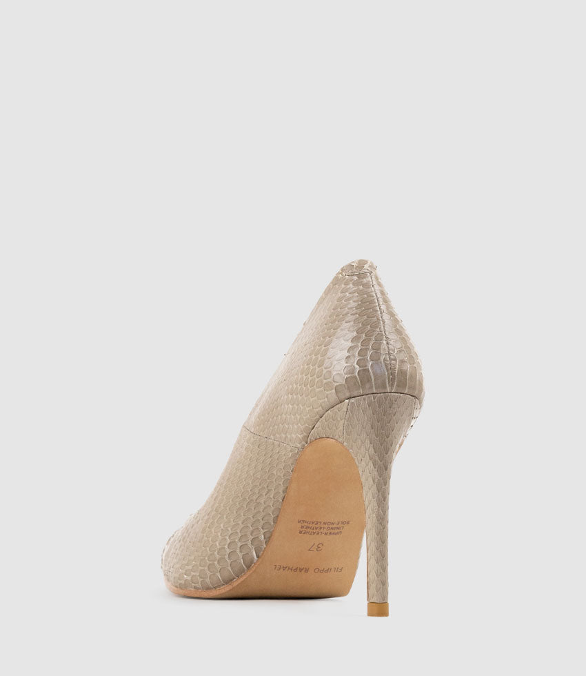 GAGA 100mm Pointed Toe Pump in Taupe Snake - Edward Meller